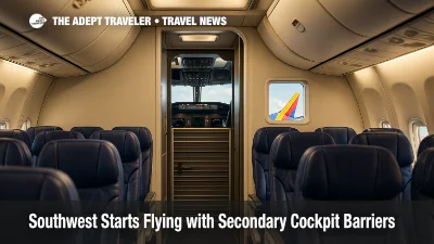 View down the aisle of a Southwest Boeing 737 showing rows of blue seats, the cockpit door open with a secondary barrier in place, and the airline’s heart logo visible on the tail through a side window.