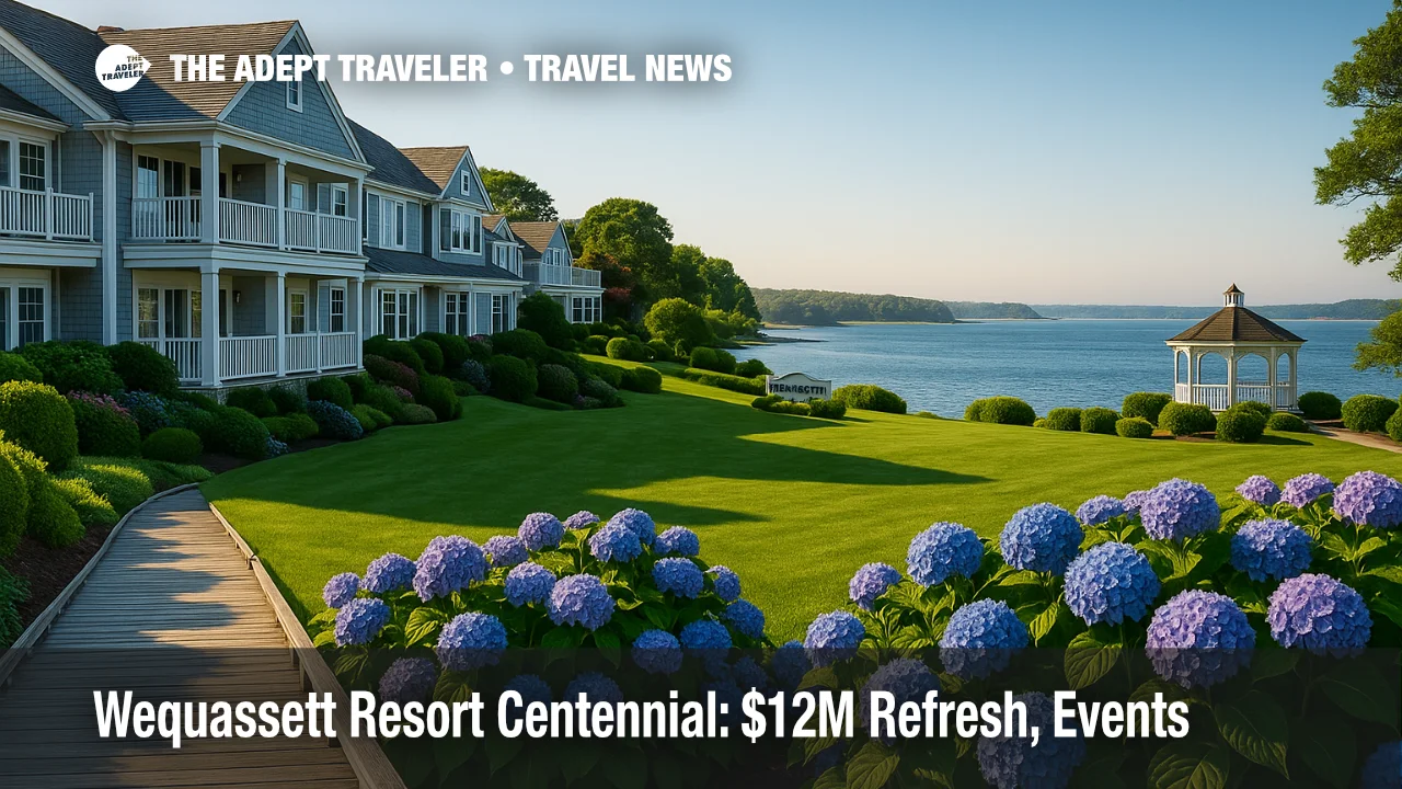A waterfront view of Wequassett Resort on Pleasant Bay with hydrangeas and coastal details, highlighting the Wequassett Resort centennial and Cape Cod luxury.