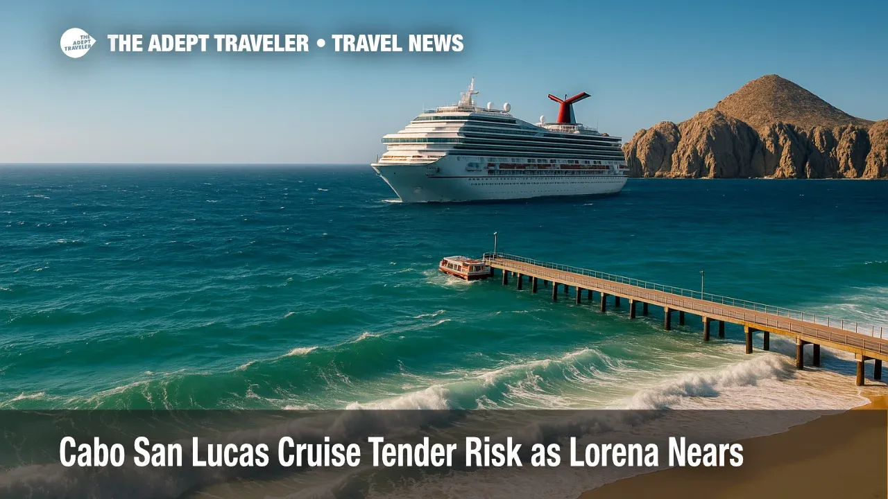 A cruise ship anchors off Cabo San Lucas as tenders face choppy swells, highlighting Cabo San Lucas cruise tender vulnerability during Lorena.