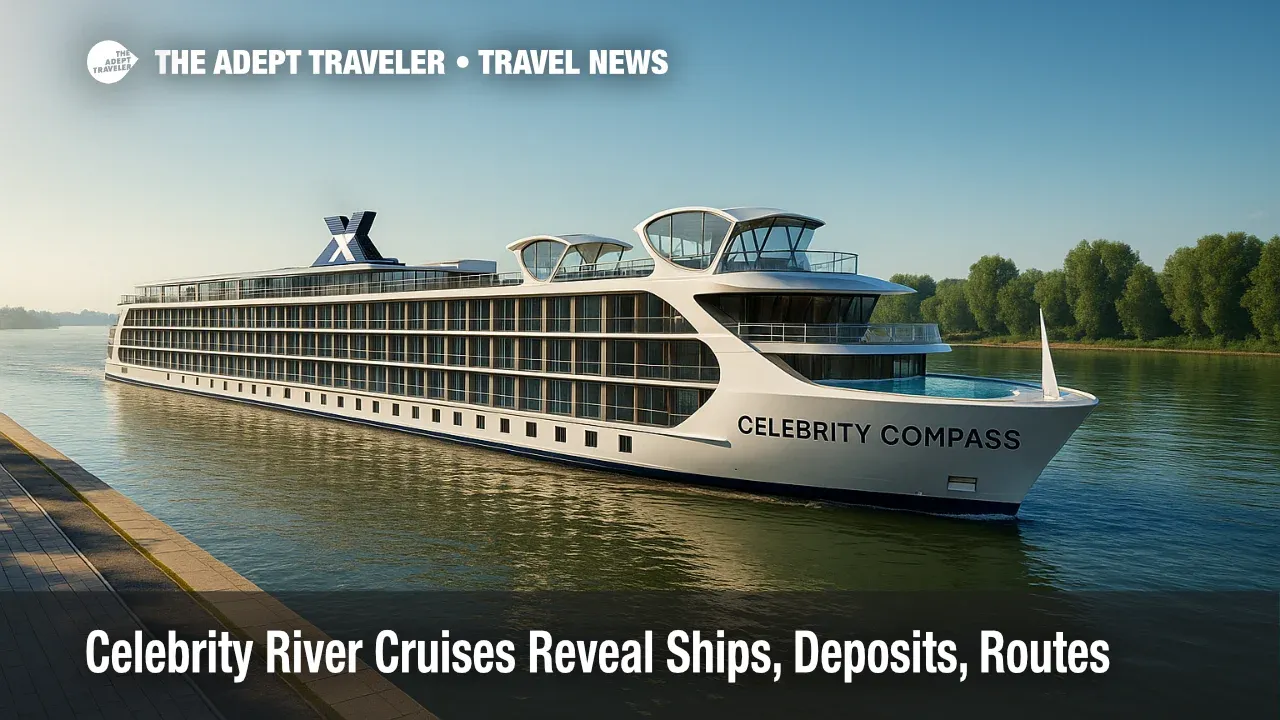 A concept image of Celebrity Compass shows open decks, Magic Edge dining pods, and an infinity-edge plunge pool for celebrity river cruises.