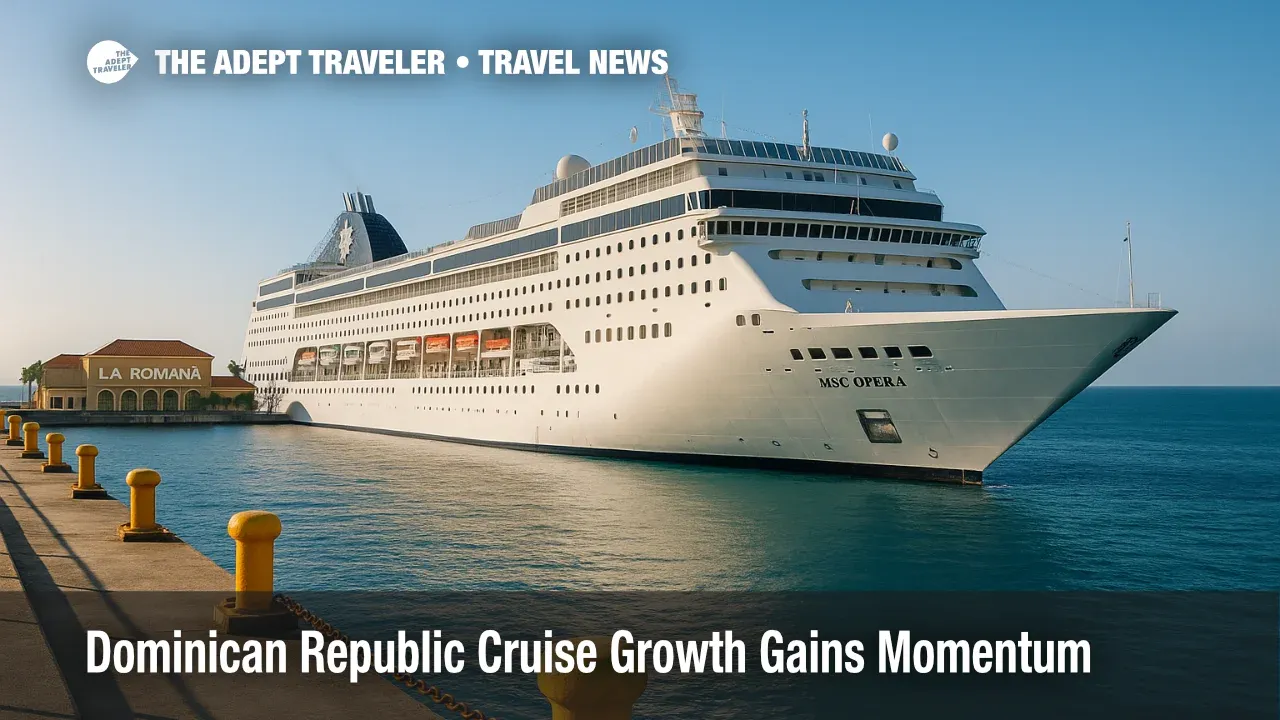 La Romana cruise terminal with MSC Opera alongside on a clear morning, illustrating FCCA partnership momentum and Dominican Republic cruise growth.
