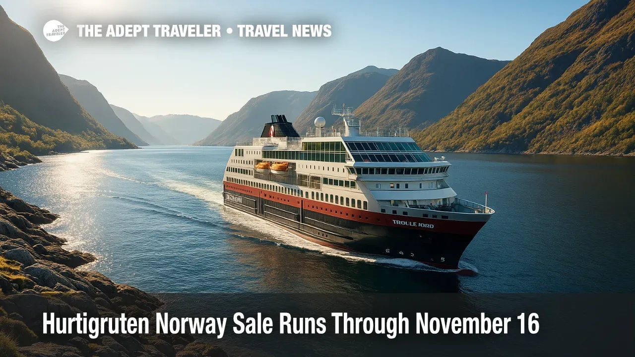 A Hurtigruten ship cruises along a sunlit Norwegian fjord during the fall promotion, highlighting Signature Voyages and the Svalbard Line.
