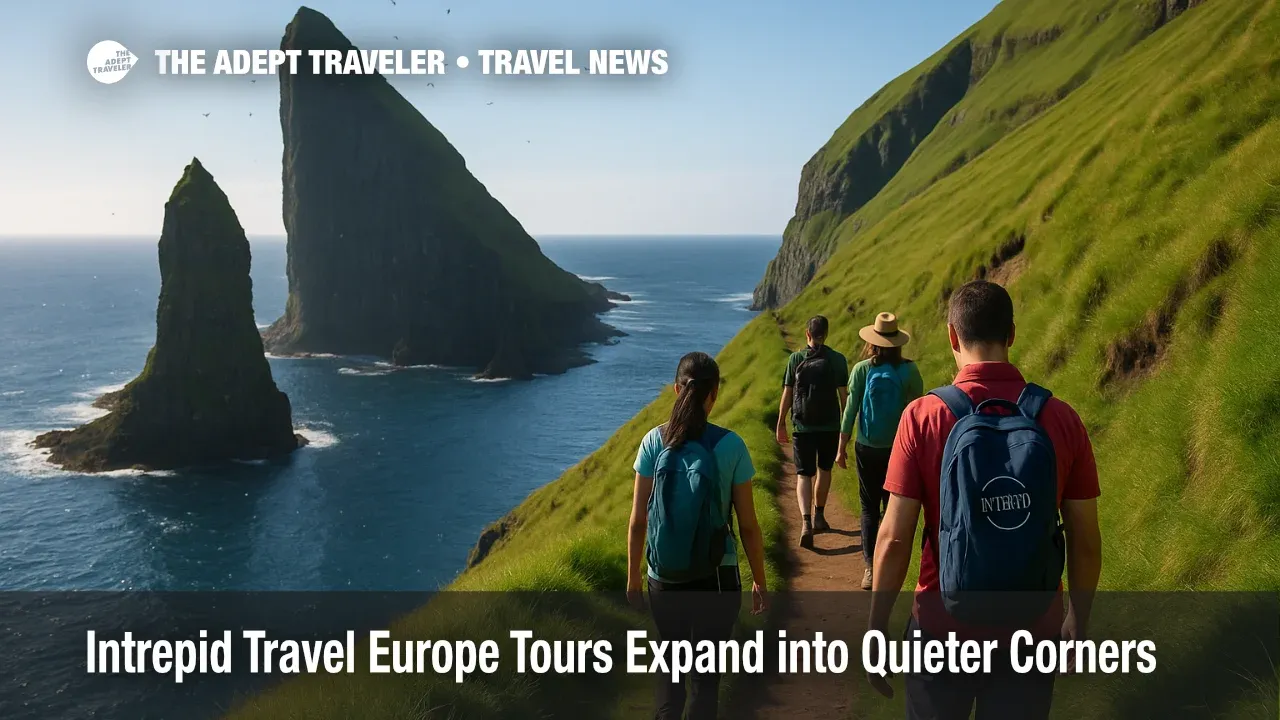 Travelers on a cliffside path in the Faroe Islands, part of Intrepid Travel Europe tours highlighting cooler, less crowded destinations.