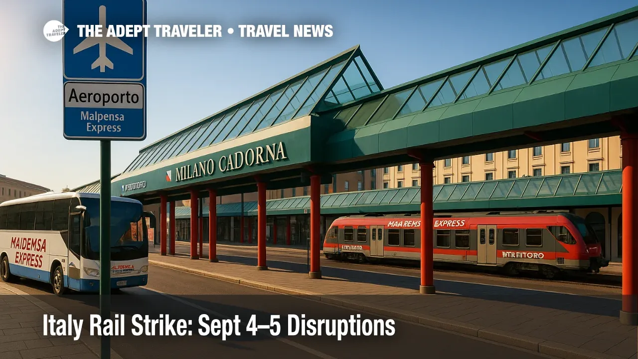 Non-stop Malpensa Express buses and trains at Milano Cadorna during the Italy rail strike, with clear airport-transfer signage for travelers.