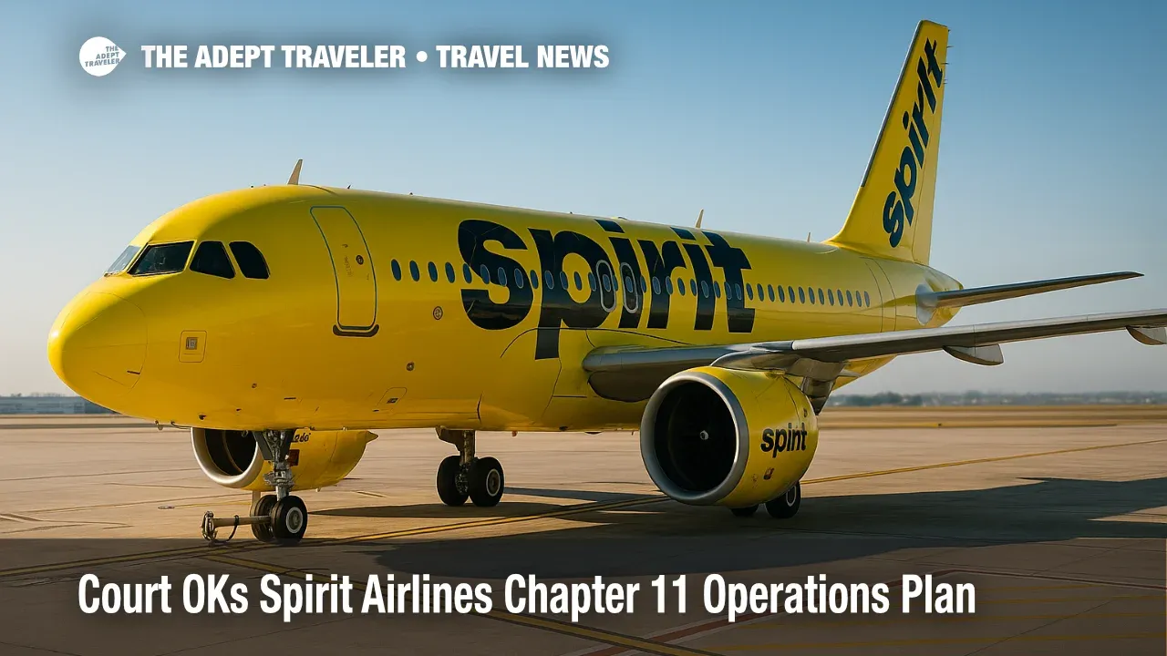 A Spirit Airlines A320neo in bright yellow livery sits at a gate as flights continue during Chapter 11, reflecting normal operations.