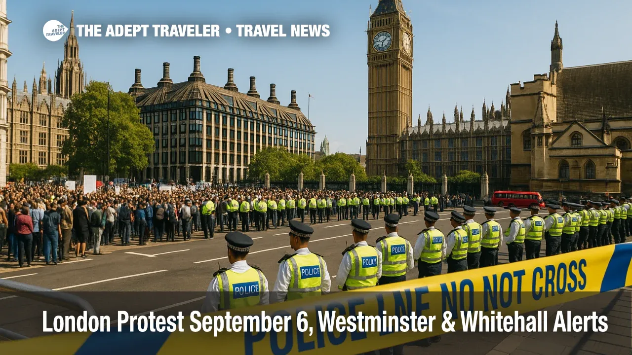Police cordons guide crowds near Parliament Square during the London protest September 6, with Westminster buildings in view.