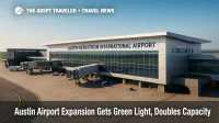 A rendering-style view of Austin's new Concourse B connected to the Barbara Jordan Terminal, illustrating the AUS expansion with ramp and taxiway activity.