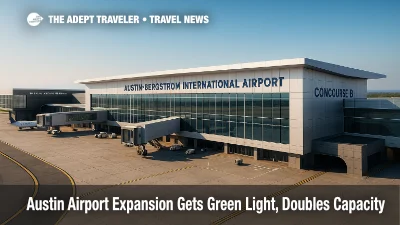 A rendering-style view of Austin's new Concourse B connected to the Barbara Jordan Terminal, illustrating the AUS expansion with ramp and taxiway activity.
