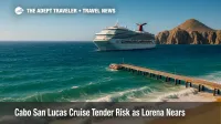 A cruise ship anchors off Cabo San Lucas as tenders face choppy swells, highlighting Cabo San Lucas cruise tender vulnerability during Lorena.