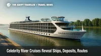A concept image of Celebrity Compass shows open decks, Magic Edge dining pods, and an infinity-edge plunge pool for celebrity river cruises.