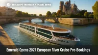 Emerald Cruises ship glides along the Seine near central Paris, highlighting the 2027 European river cruise season pre-booking window.