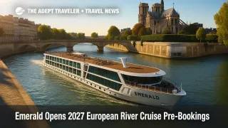 Emerald Cruises ship glides along the Seine near central Paris, highlighting the 2027 European river cruise season pre-booking window.
