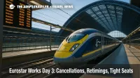 An Eurostar e320 stands at St Pancras while departure boards show delays during Eurostar works, with travelers facing tight peak-time seating.
