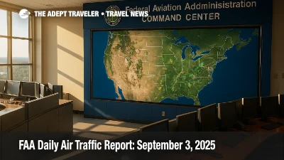 The FAA Command Center wall map highlights flows and hotspots noted in the FAA Daily Air Traffic Report for September 3, 2025.