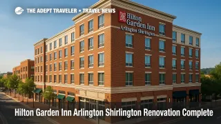 Renovated Hilton Garden Inn Arlington Shirlington exterior in downtown Shirlington, highlighting new meeting space and refreshed rooms near DCA.