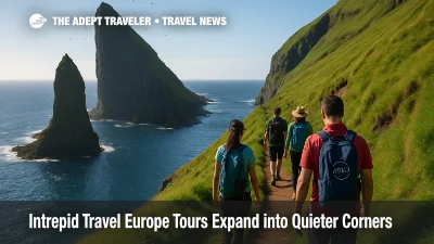 Travelers on a cliffside path in the Faroe Islands, part of Intrepid Travel Europe tours highlighting cooler, less crowded destinations.
