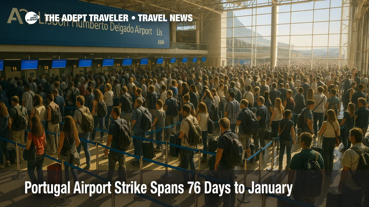 Long check-in lines at Lisbon airport during a ground handling strike, showing the Portugal airport strike's impact on travelers.
