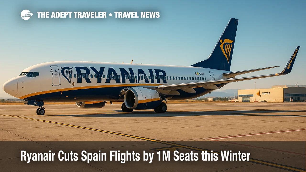A Ryanair 737 sits on a Spanish regional ramp as winter schedule reductions shrink low-cost flights to Spain across regional airports.