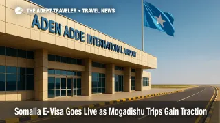Aden Adde International Airport entrance with Somali flag, illustrating Somalia e-visa rollout and increasing Mogadishu adventure travel interest.