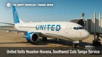 United 737 MAX 9 sits at a Houston gate as Houston to Havana flights pause, with clear skies and ramp gear visible.