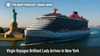 Brilliant Lady, Virgin Voyages' newest ship, approaches New York Harbor before her MerMaiden voyage to Bermuda and fall Canada and New England cruises.