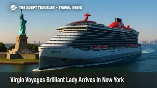 Brilliant Lady, Virgin Voyages' newest ship, approaches New York Harbor before her MerMaiden voyage to Bermuda and fall Canada and New England cruises.