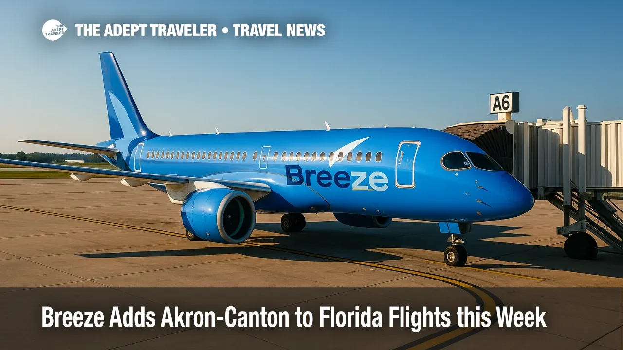A Breeze Airways jet at an Akron-Canton gate ready for nonstop departures, highlighting new Akron-Canton to Florida flights to Daytona, Jacksonville, and West Palm Beach.