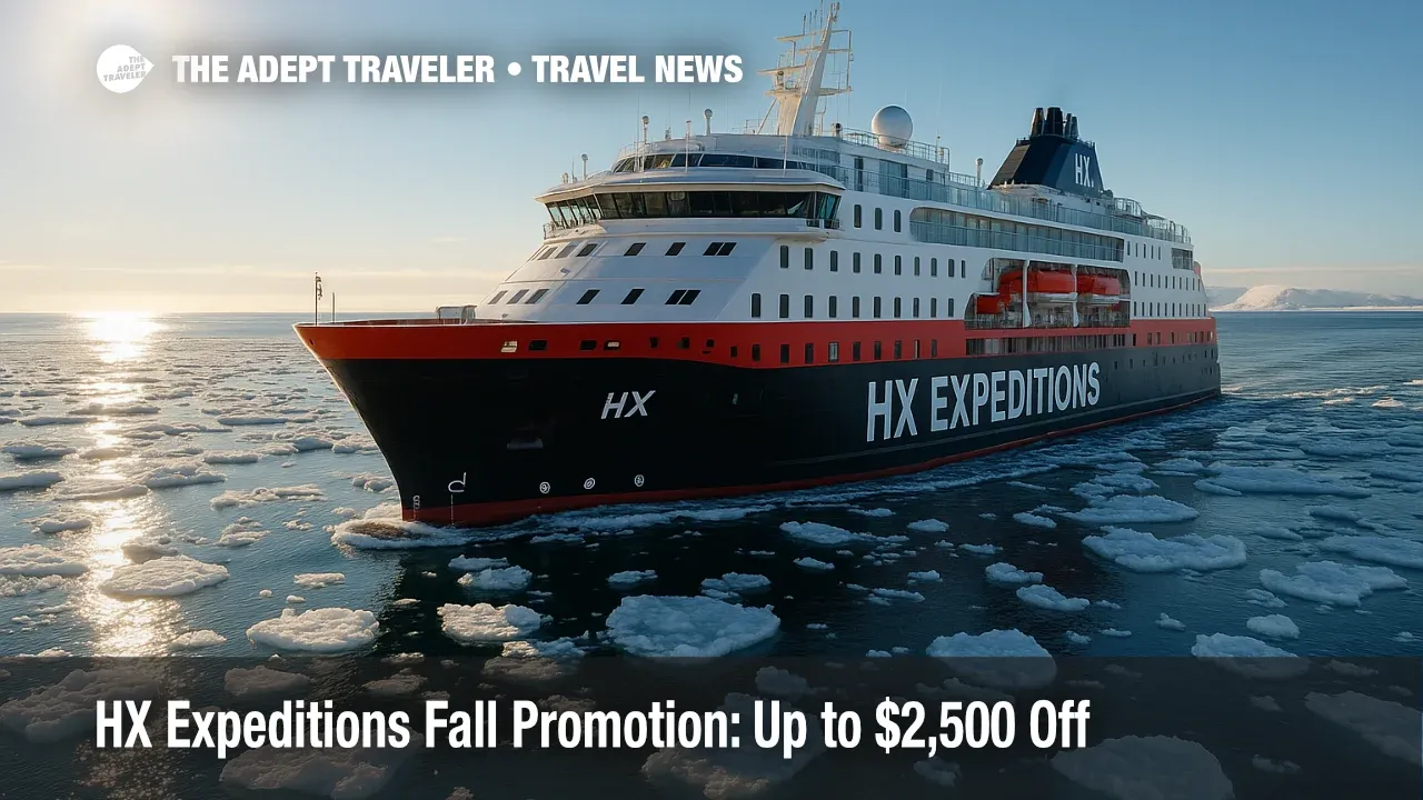HX Expeditions ship navigates sunlit polar ice, showcasing the fall promotion and expedition cruise savings ahead of the 130th anniversary.