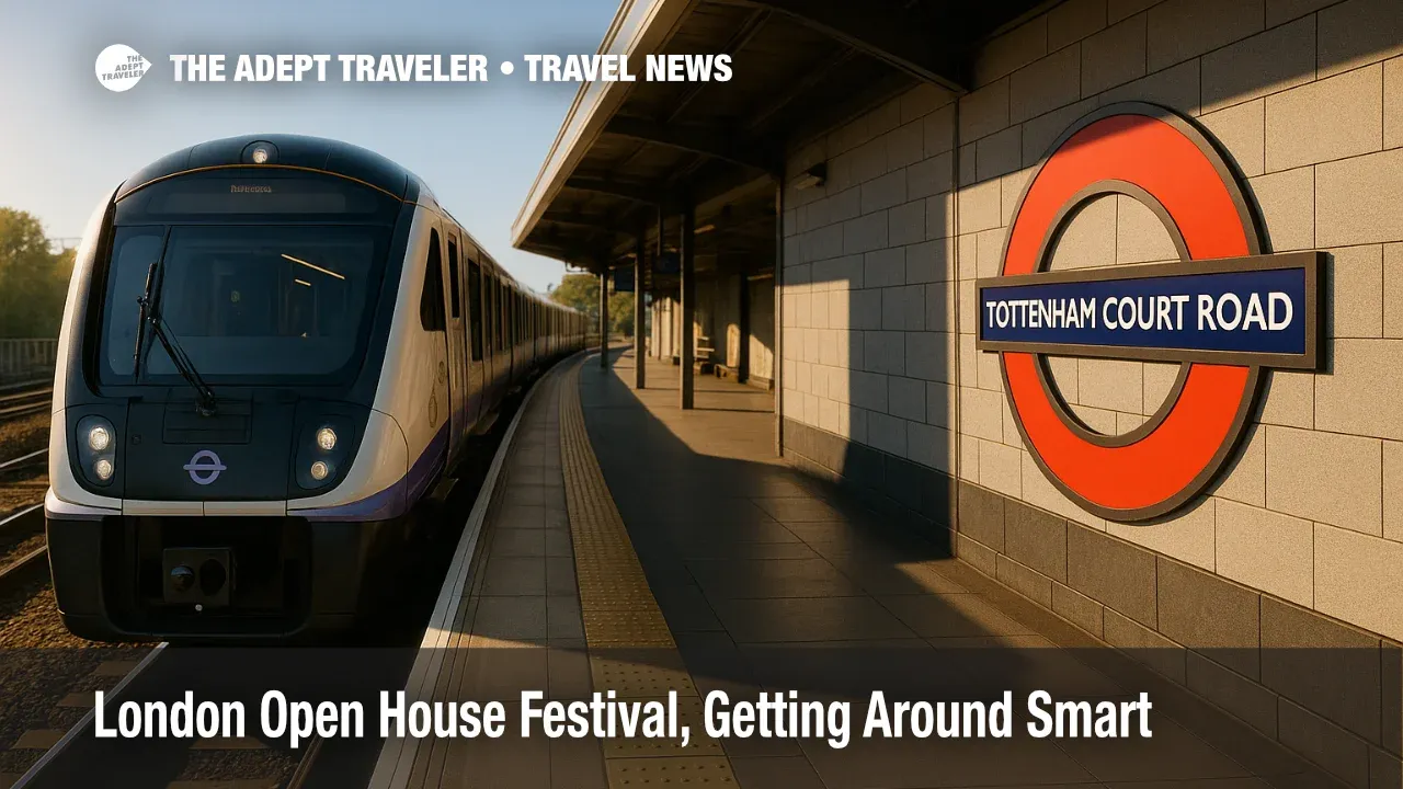 An Elizabeth line train arrives at a central London station during the London Open House Festival, illustrating fast cross-city routing.
