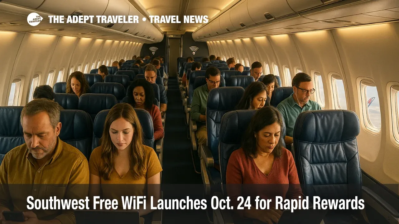 Southwest cabin scene with travelers online using free inflight Wi-Fi, highlighting the Southwest free WiFi Rapid Rewards launch.