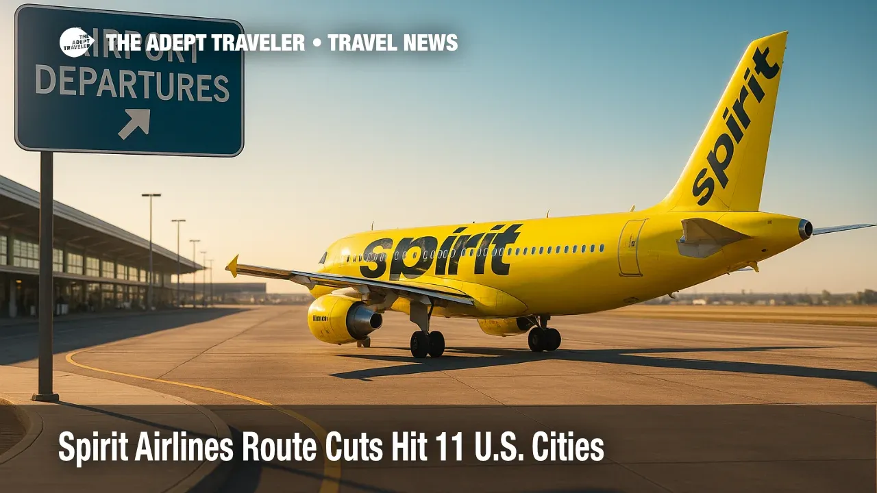 Spirit Airlines A320 at a terminal curb illustrates bankruptcy-related schedule changes and Spirit Airlines route cuts across 11 cities.