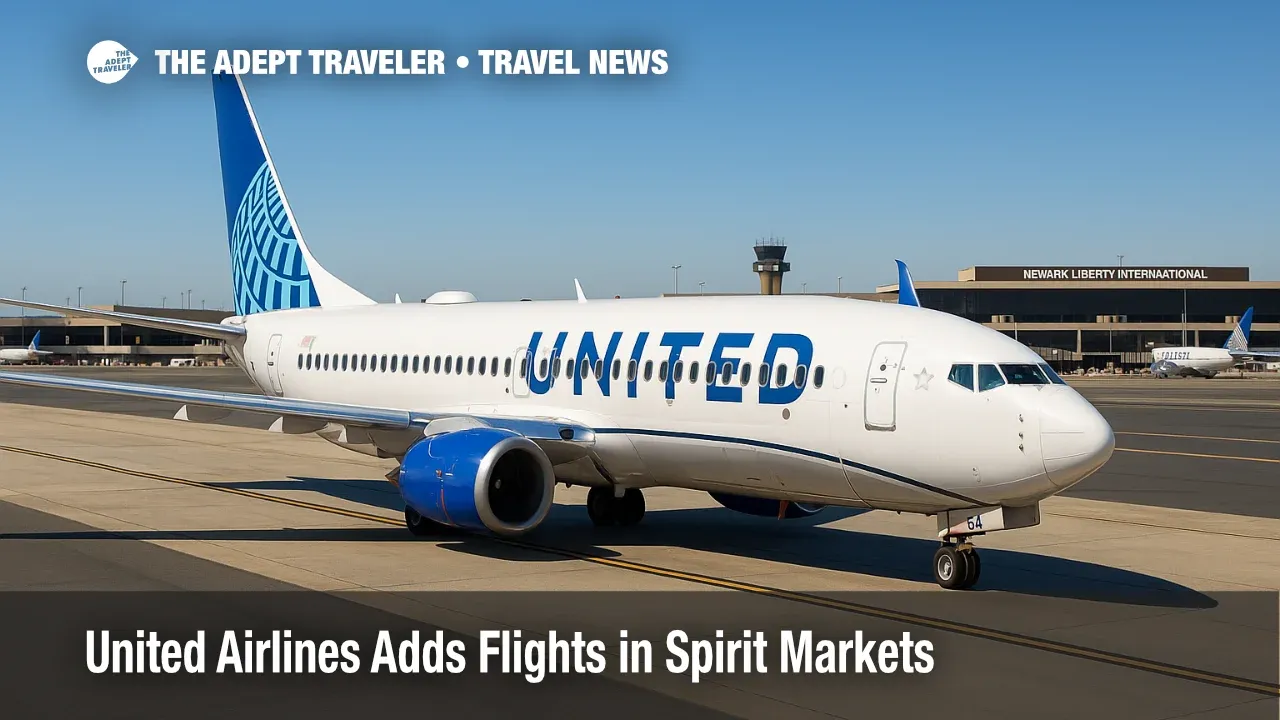 A United jet taxis at Newark as United Airlines adds flights in Spirit markets for winter, under clear skies with terminal ramps in view.
