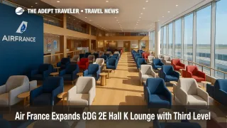 Air France lounge Terminal 2E Hall K shows new three-level seating, Clarins spa booth, and work areas that support long-haul travelers.