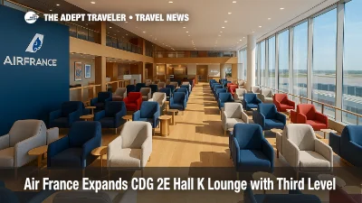 Air France lounge Terminal 2E Hall K shows new three-level seating, Clarins spa booth, and work areas that support long-haul travelers.