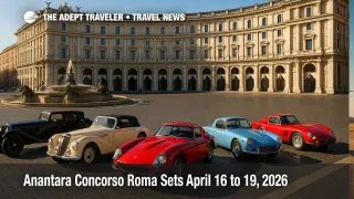 Piazza della Repubblica frames the Anantara Concorso Roma showfield with classic Italian cars outside Anantara Palazzo Naiadi in Rome.
