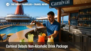 A bartender prepares zero-proof cocktails at a Carnival pool-deck bar, highlighting the Carnival non-alcoholic drink package for travelers who skip alcohol.
