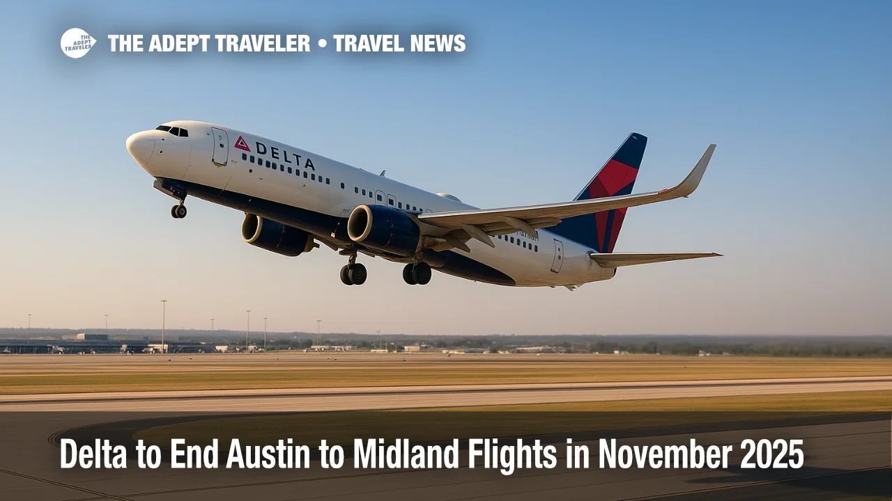 A Delta Air Lines 737 departs Austin-Bergstrom International Airport under clear skies, illustrating Austin to Midland flights.