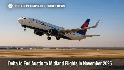 A Delta Air Lines 737 departs Austin-Bergstrom International Airport under clear skies, illustrating Austin to Midland flights.