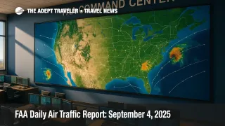 A wide FAA Command Center map display shows storm tracks and flow arrows, illustrating reroutes and Ground Delay Program risks in the FAA Daily Air Traffic Report.