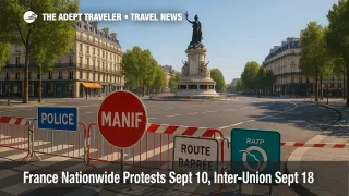 A quiet Paris intersection near République with barriers and signage, illustrating France nationwide protests and likely rally routes that travelers should avoid.