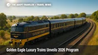 A Golden Eagle luxury train rounds a sunlit curve, showcasing luxury rail travel and the 2026 program's expanded Europe and Asia routes.