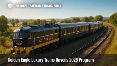 A Golden Eagle luxury train rounds a sunlit curve, showcasing luxury rail travel and the 2026 program's expanded Europe and Asia routes.