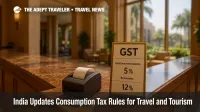 Hotel reception counter with printed bill and GST notice, illustrating India consumption tax and hotel GST changes for travelers.