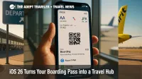 An iPhone shows an Apple Wallet iOS 26 boarding pass with Live Activities, airport map access, and Find My luggage shortcut visible.