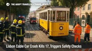 Emergency crews secure the Glória funicular after the Lisbon cable car crash that left 17 dead, with rails and hillside visible.