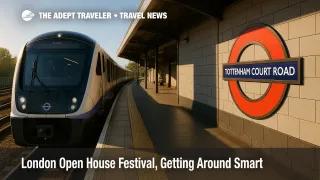 An Elizabeth line train arrives at a central London station during the London Open House Festival, illustrating fast cross-city routing.