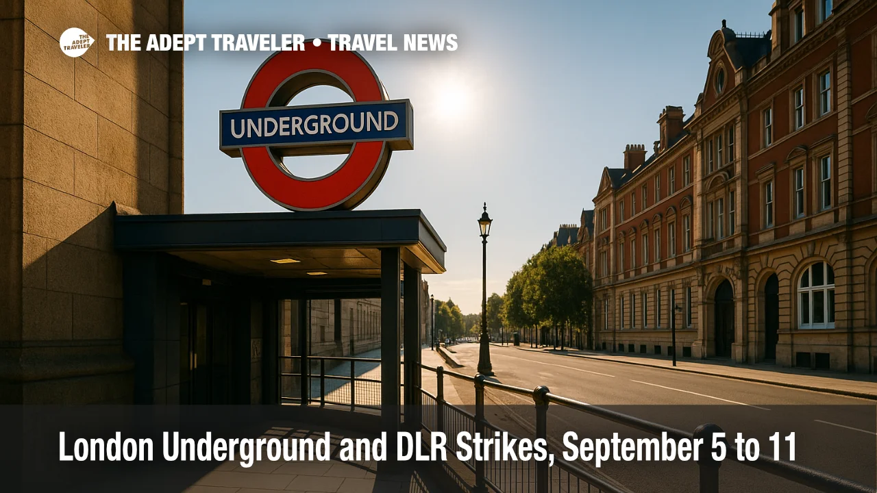 London Underground entrance with roundel sign on a quiet, sunlit central London street, framed by historic buildings and clear blue sky.