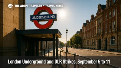 London Underground entrance with roundel sign on a quiet, sunlit central London street, framed by historic buildings and clear blue sky.