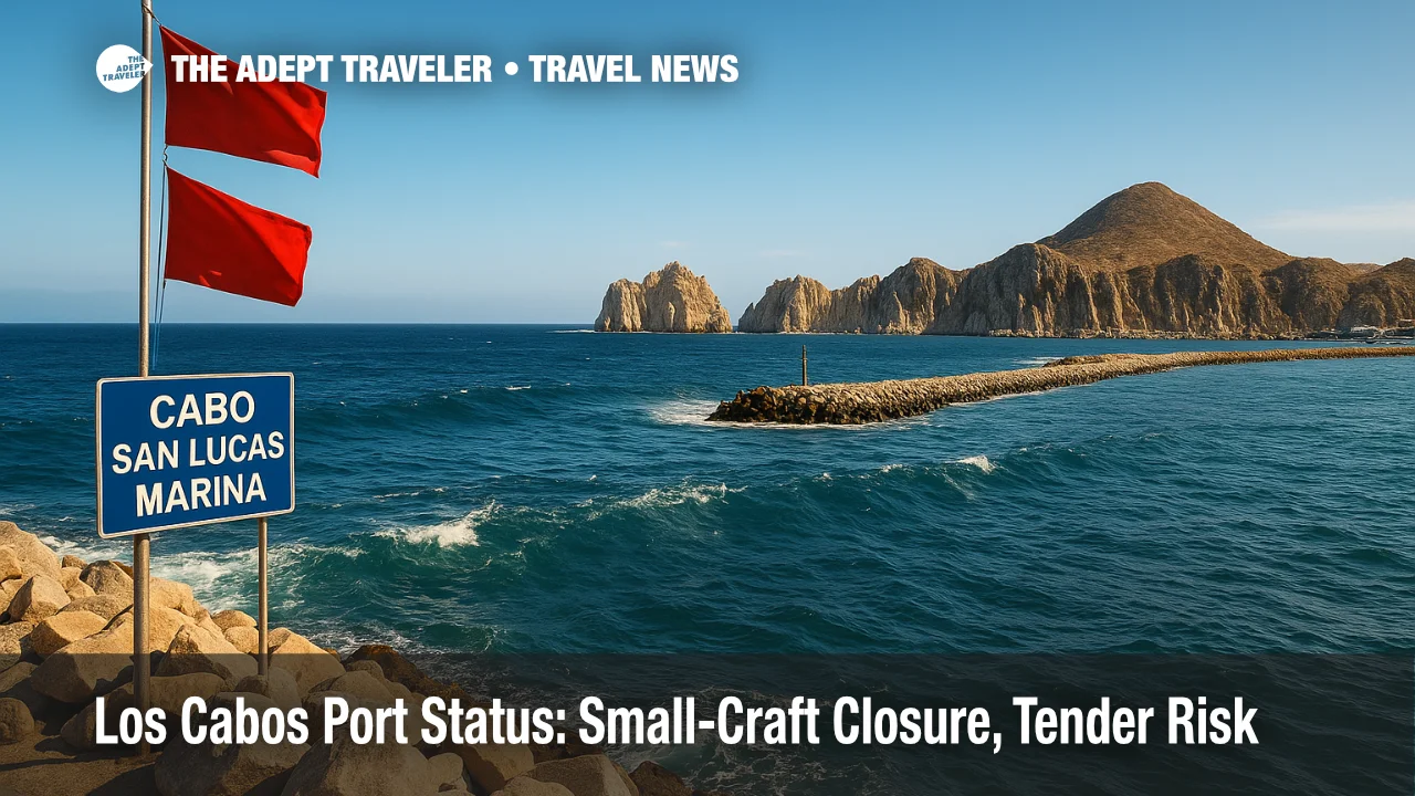 Los Cabos port status as Lorena nears, with red flags and choppy swell at the Cabo San Lucas marina highlighting cruise tender risk.