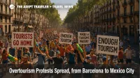 A crowd on Barcelona's La Rambla uses water guns and signs during overtourism protests, illustrating managed tourism debate.